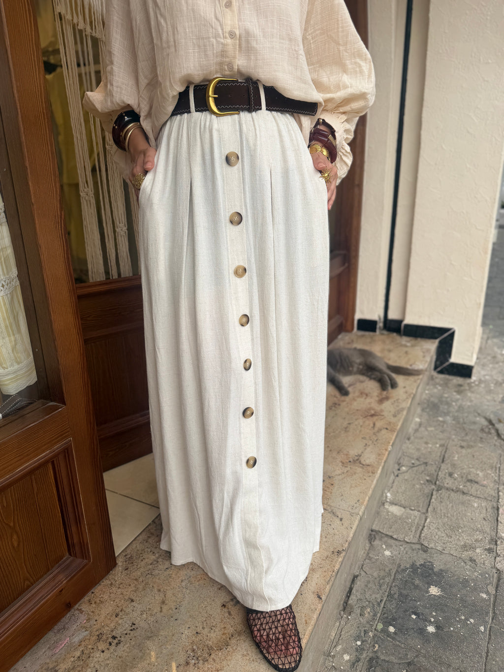 Jupe Boutonnée avec Ceinture en Lin et Coton
