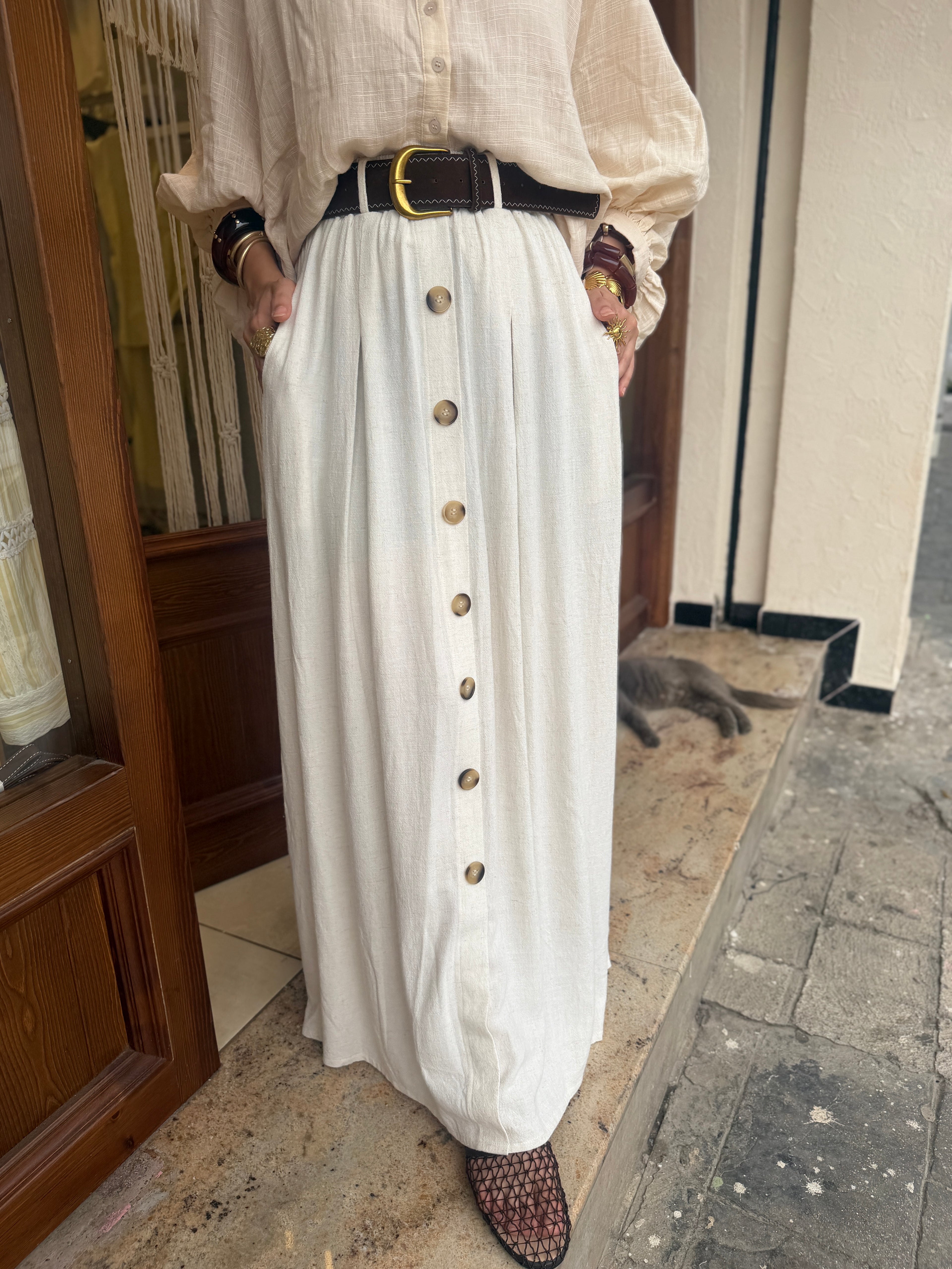 Jupe Boutonnée avec Ceinture en Lin et Coton