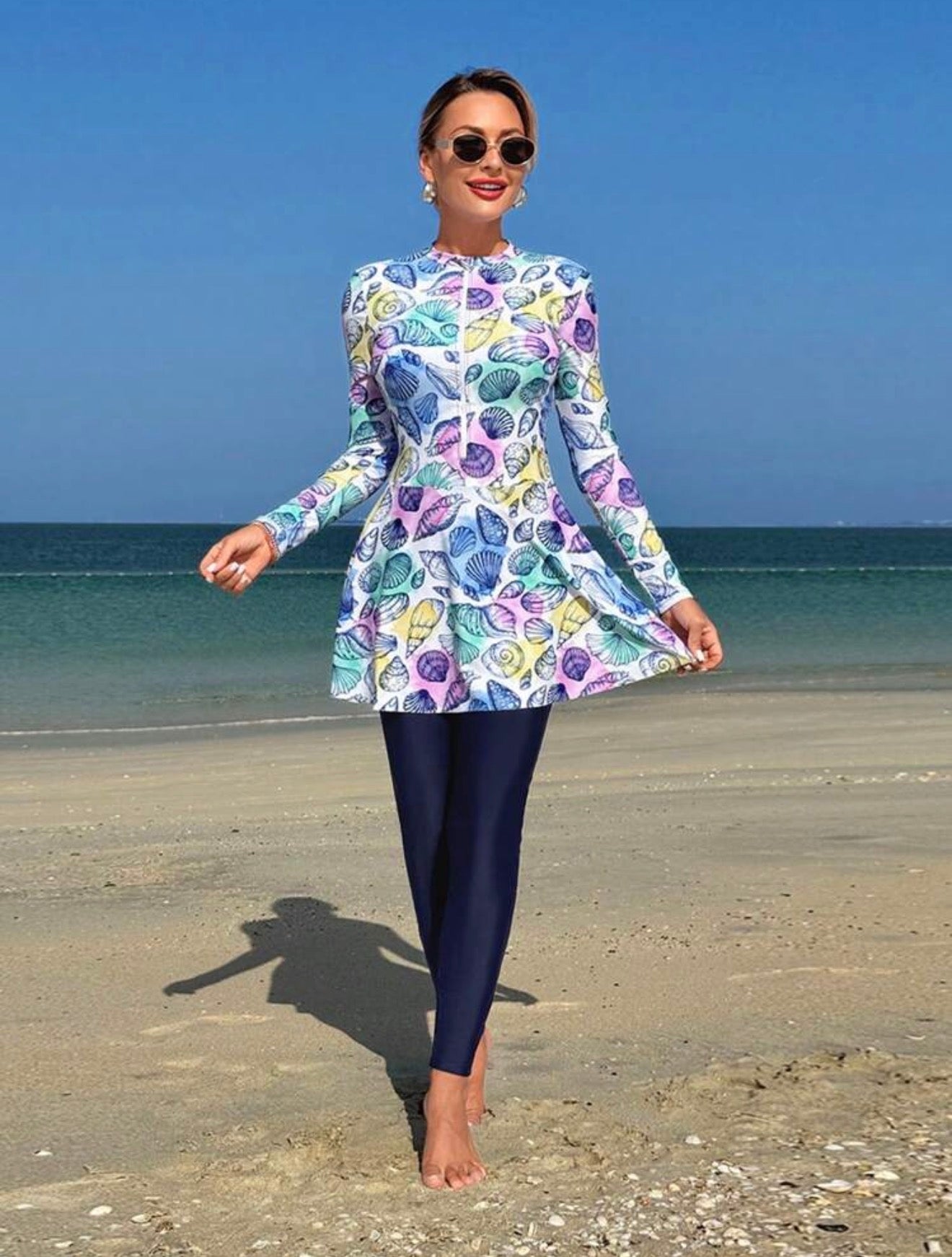 Burkini 2 Pièces Imprimé Coquillages Bleu