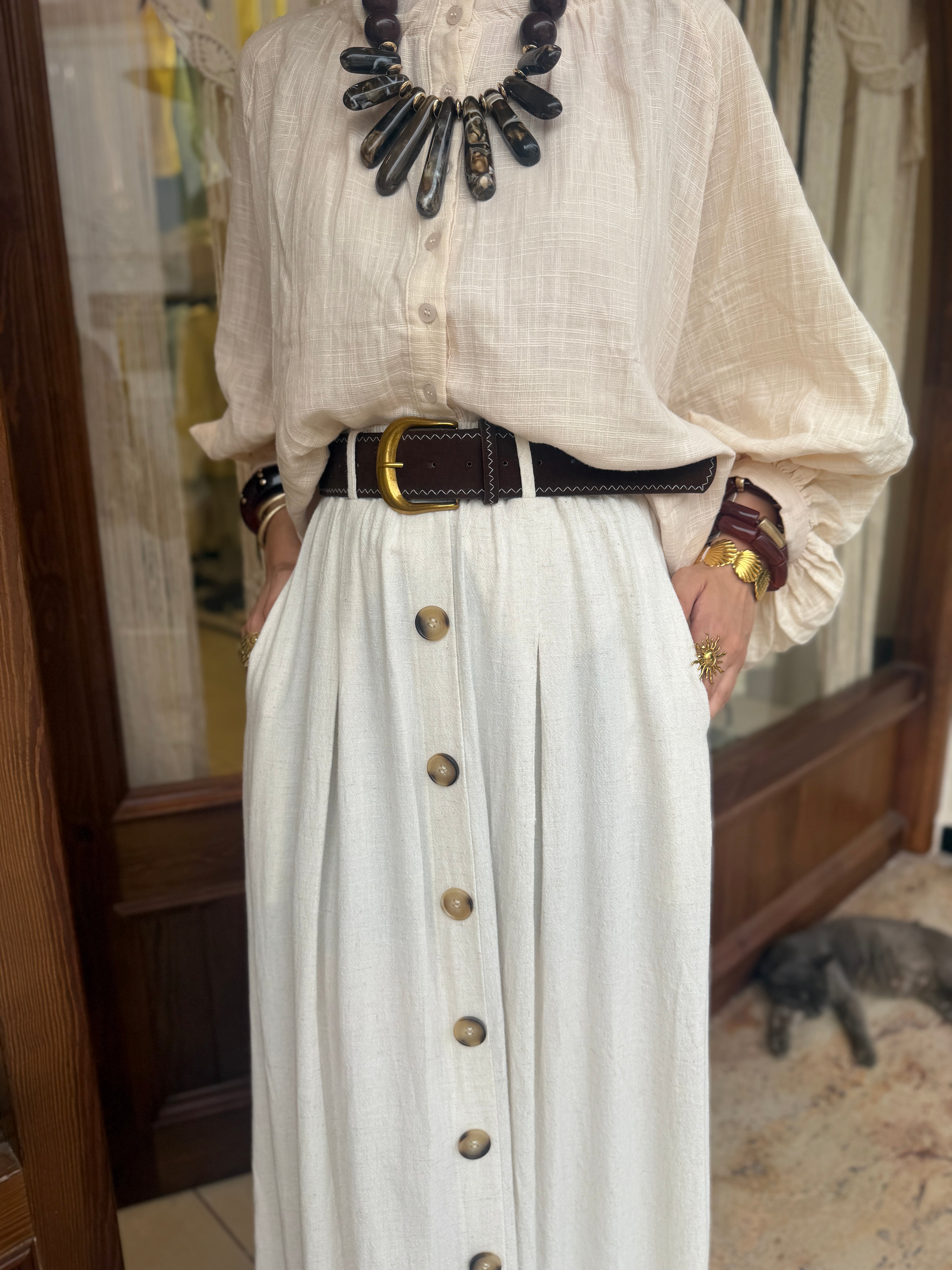 Jupe Boutonnée avec Ceinture en Lin et Coton