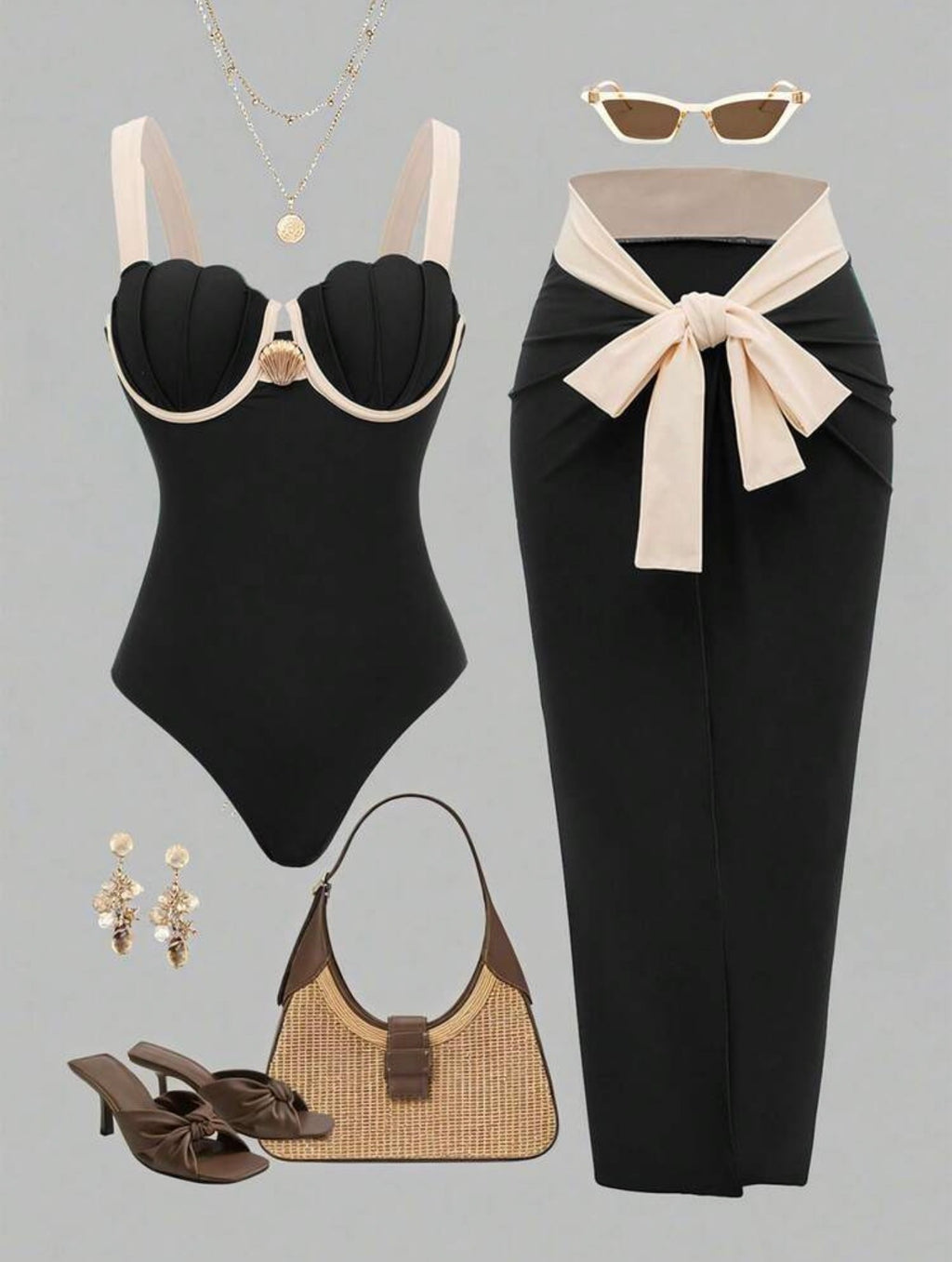 Maillot de Bain 1 pièce Coquille avec Paréo Noir