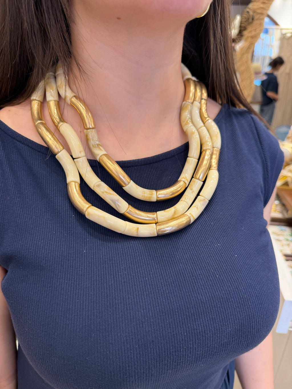 Collier Tubes bambou Blancs et Dorés Style Bohème Chic