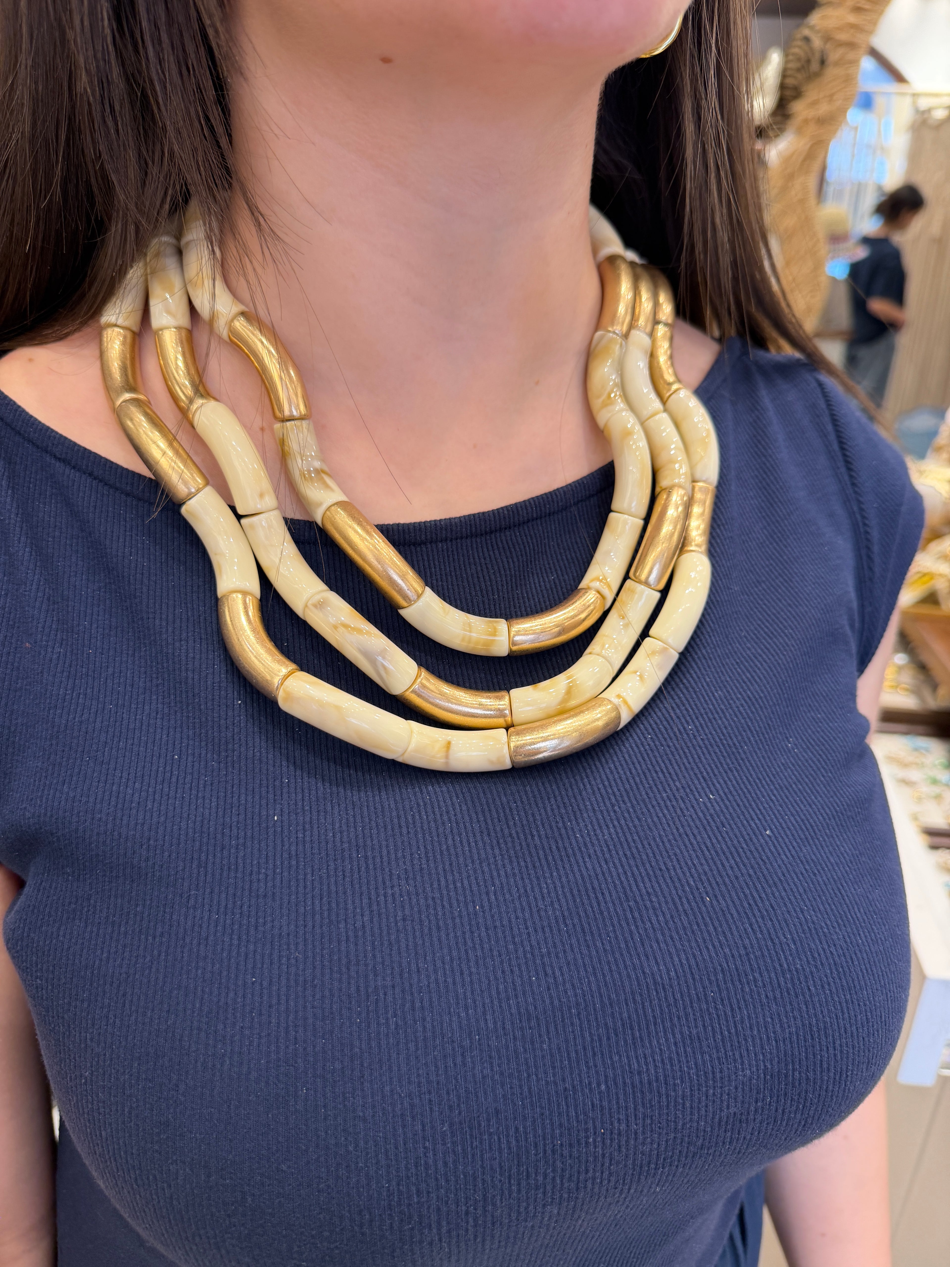 Collier Tubes bambou Blancs et Dorés Style Bohème Chic