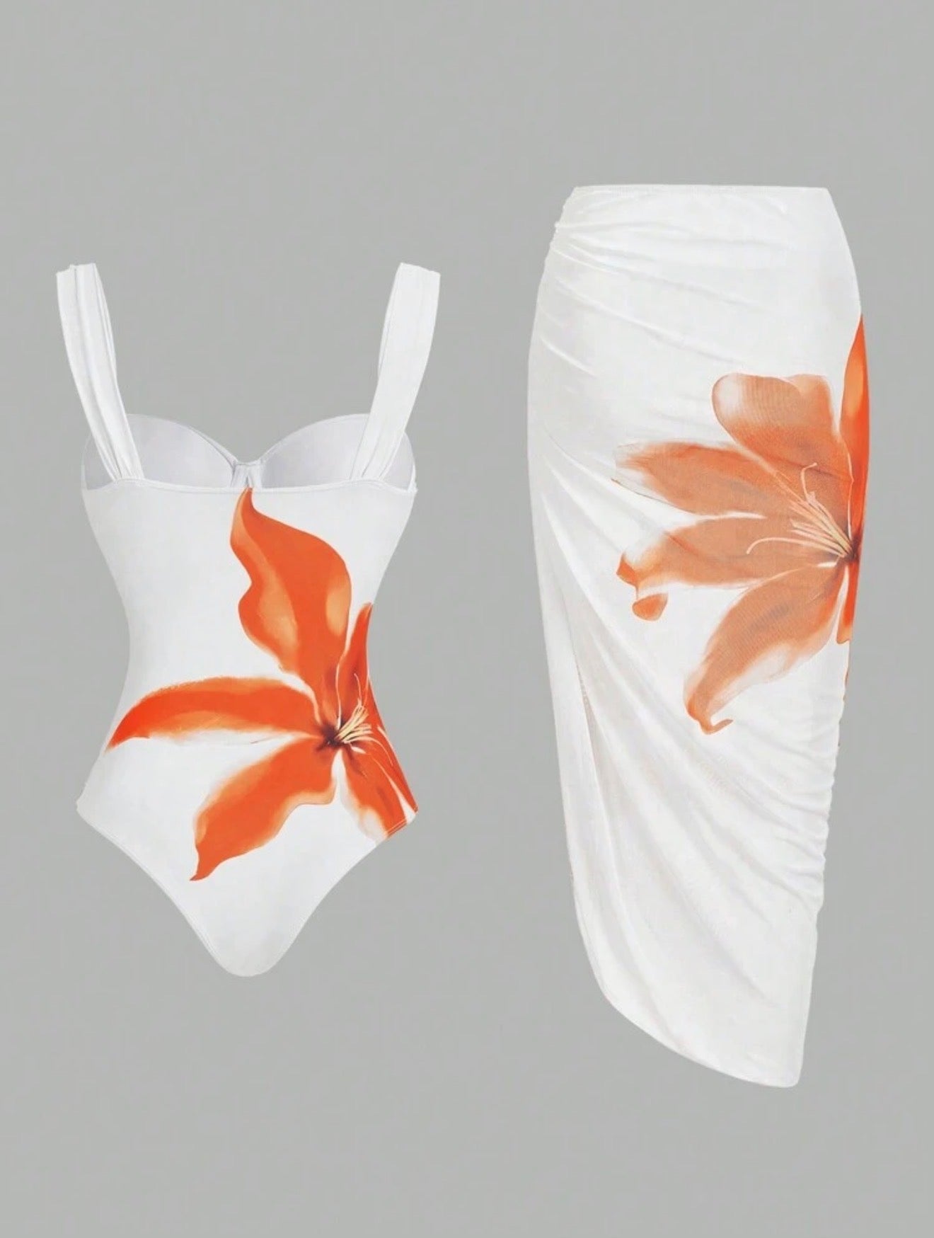 Maillot de Bain 1 Pièce avec Paréo Orchidée Orange