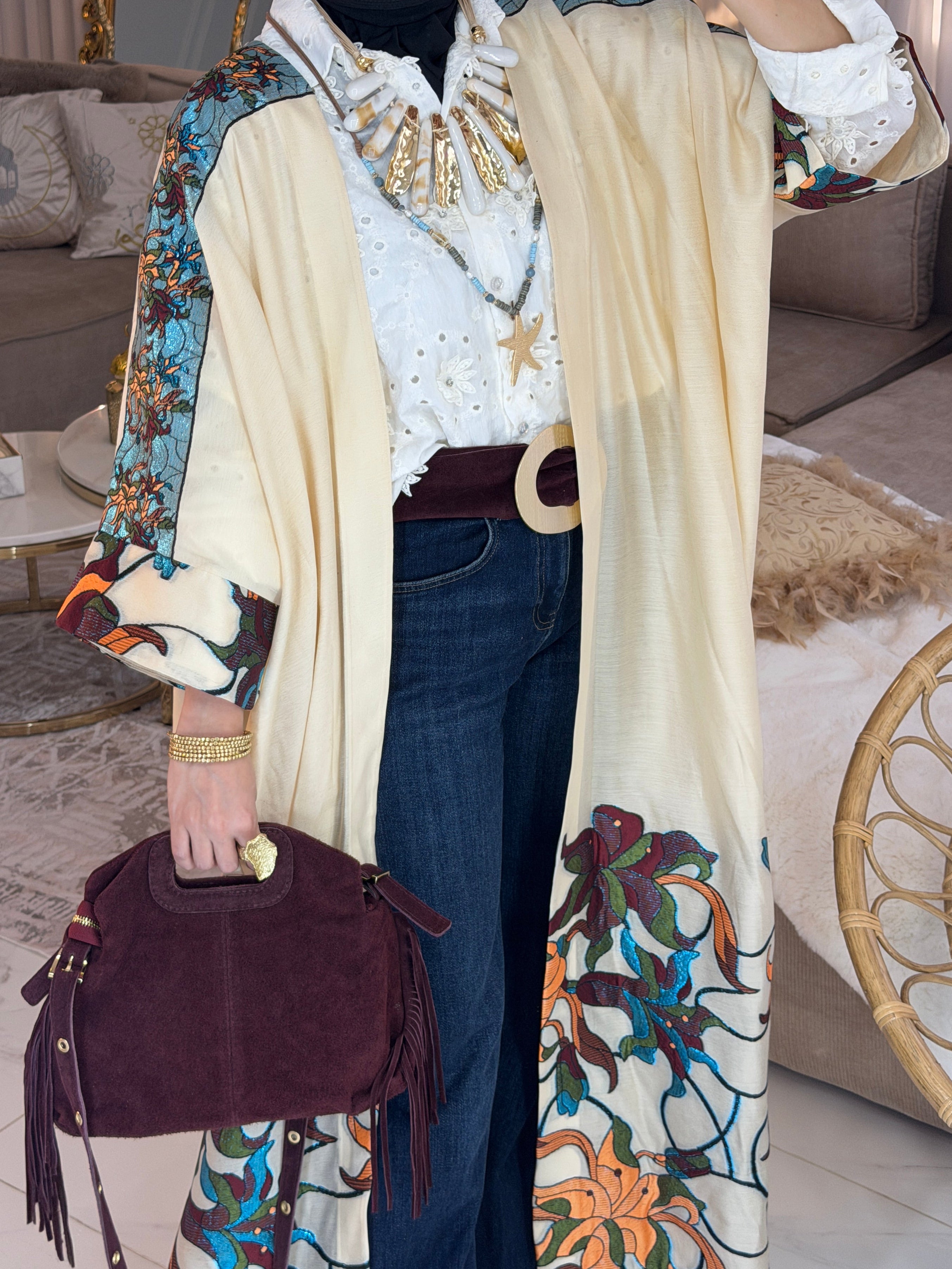 Abaya broderie écrue