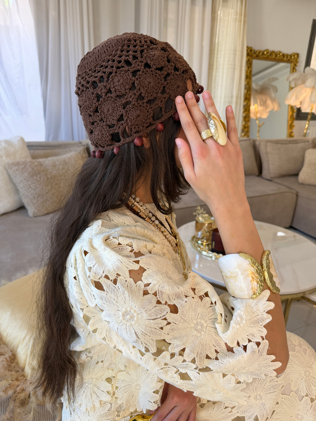 Bonnet Crochet Bohème Fleuri Chocolat