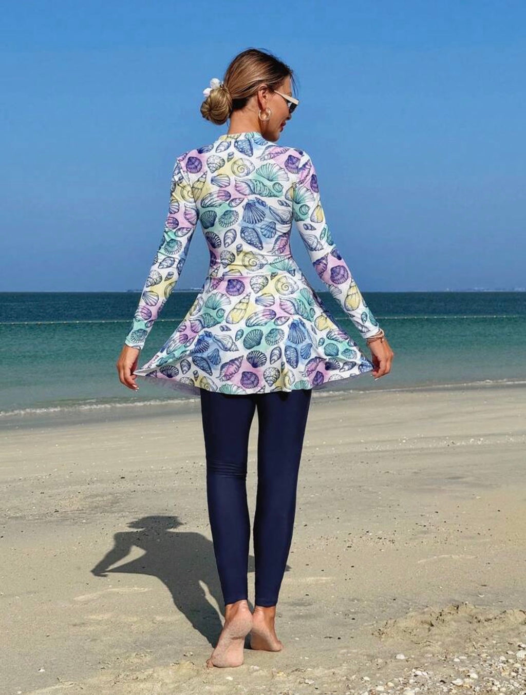 Burkini 2 Pièces Imprimé Coquillages Bleu