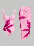 Maillot de Bain Orchidée une Pièce avec Paréo Rose