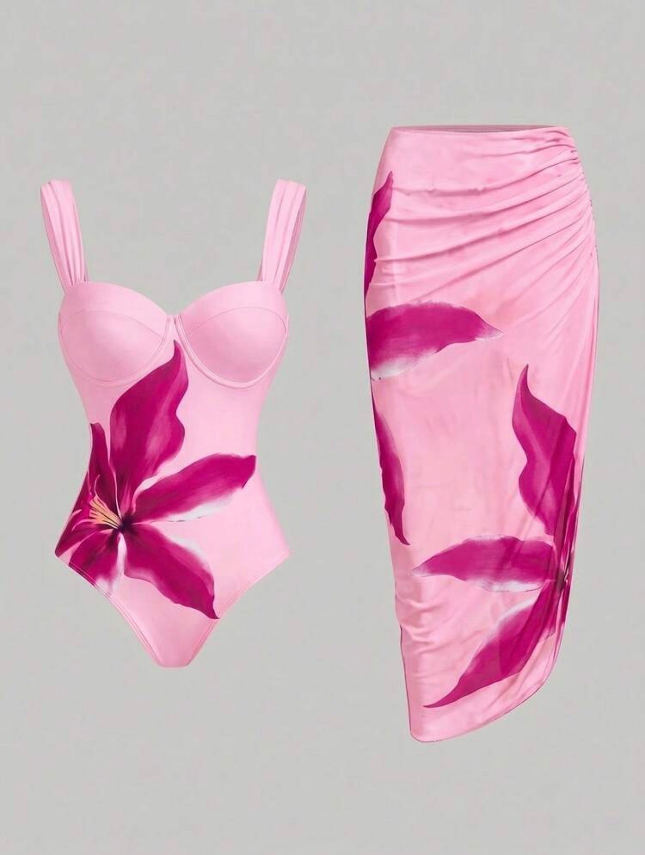 Maillot de Bain Orchidée une Pièce avec Paréo Rose