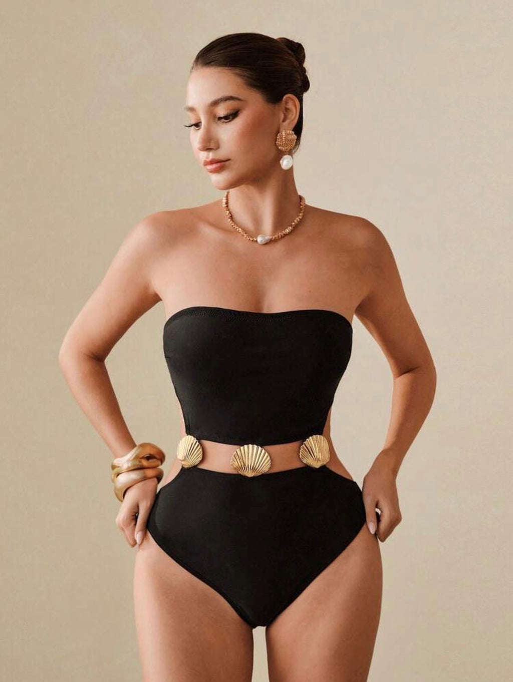 Maillot de Bain 1 Pièce Bijou Coquille avec Paréo Noir
