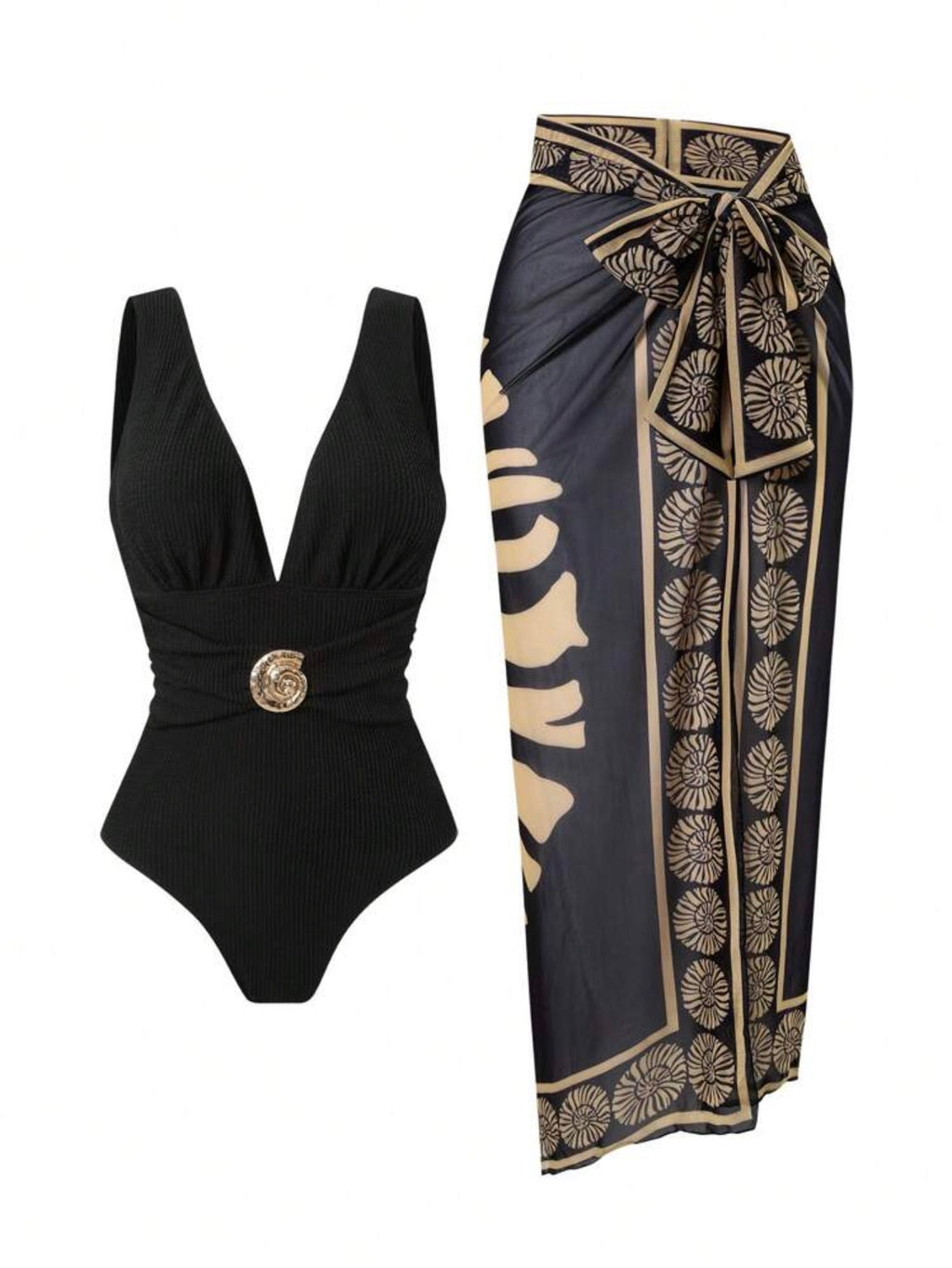 Maillot de Bain 1 Pièce Texturé avec Paréo Coquillages Noir