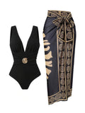 Maillot de Bain 1 Pièce Texturé avec Paréo Coquillages Noir