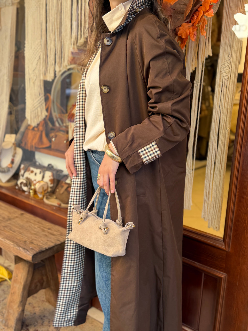 Trench-coat long col montant details à carreaux