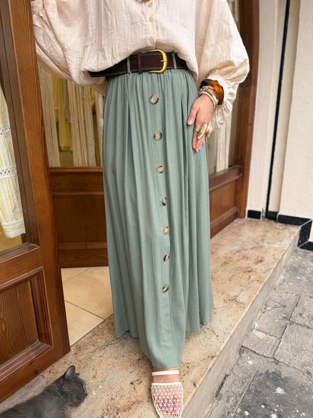 Jupe Boutonnée avec Ceinture en Lin et Coton