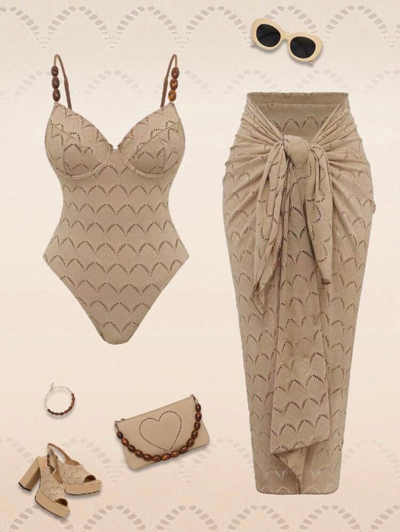 Maillot de bain une pièce jacquard tricoté avec paréo