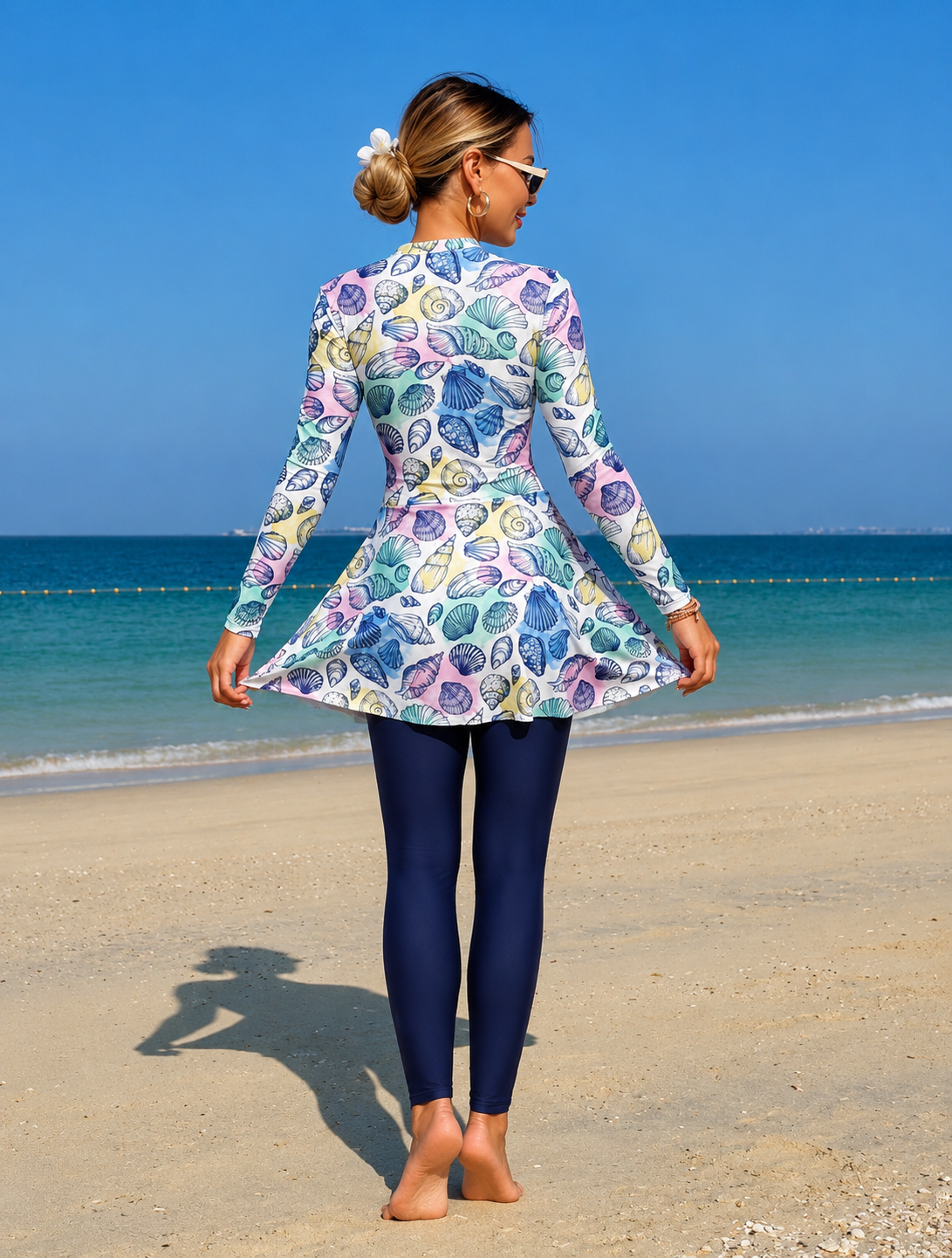 Burkini 2 Pièces Imprimé Coquillages Bleu